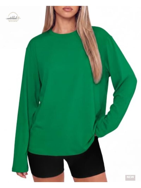 Tops - Oversized Long Sleeve Crew Neck T-Shirt Soft Stretchy Casual Workout Top